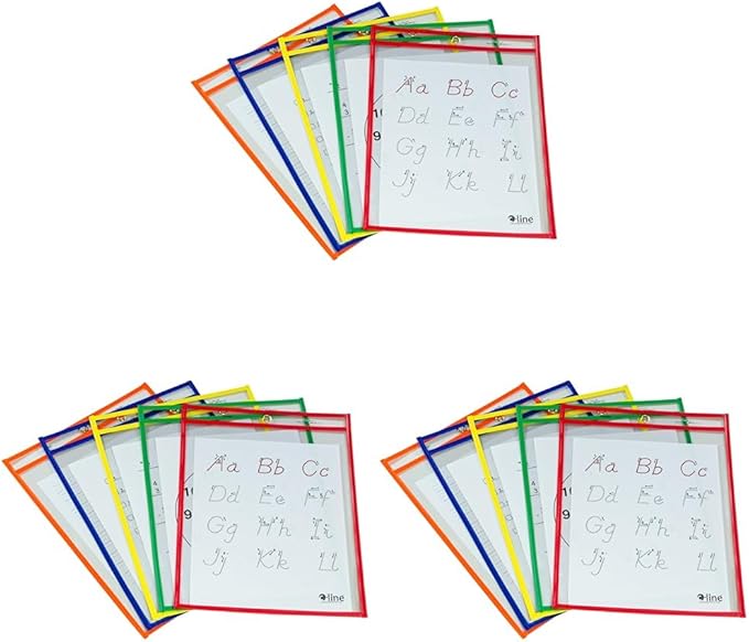 C-Line Reusable Dry Erase Pockets, 9 x 12 Inches, Assorted Primary Colors, 5 Pockets per Pack (40630) (Pack of 3) by C-Line