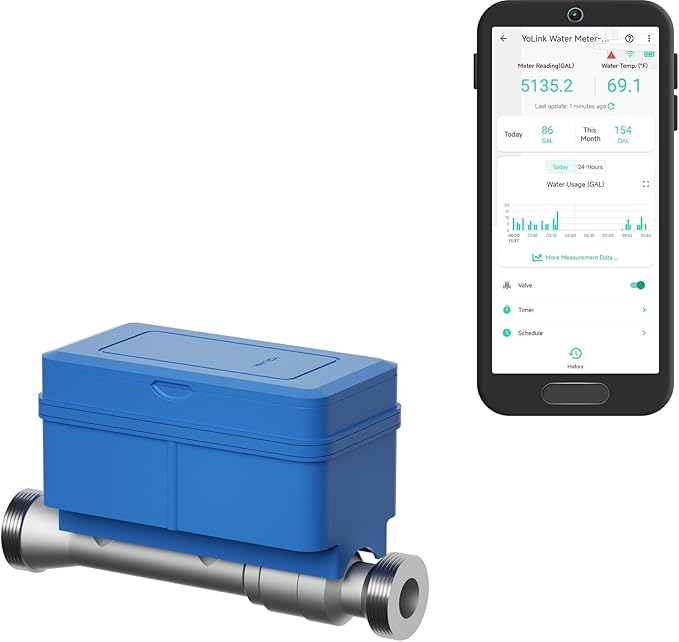 NSF Certified YoLink FlowSmart All-in-One Smart Water Meter & Auto Shutoff for 3/4" Pipes, LoRa Long-Range, Real-Time Leak Detection, 10-Year Battery, 80+ Device Ecosystem, Hub Required by YoLink
