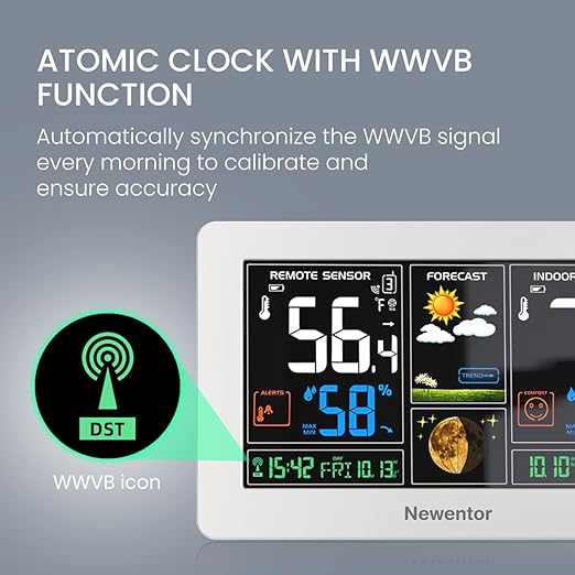 Newentor Weather Station Wireless Indoor Outdoor Thermometer, Color Display Digital Weather Thermometer with Atomic Clock, Barometric Pressure, Forecast Station with Adjustable Backlight, White - Image 4