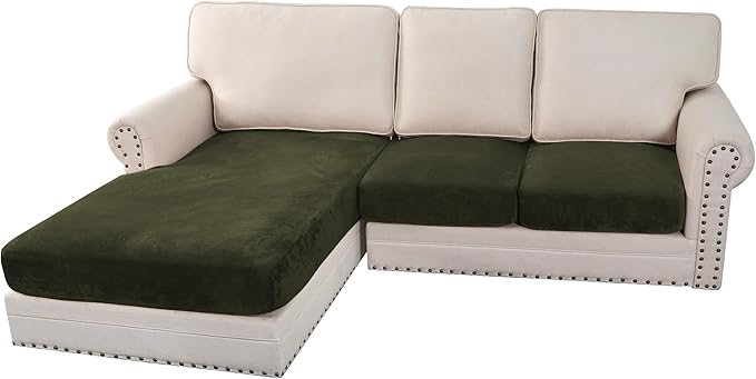 H.VERSAILTEX Velvet Stretch Sectional Couch Covers 3 Pieces Sofa Seat Cushion Covers L Shape Separate Couch Cover for Both Left/Right Sectional Couch (Large Sofa 2 Seater + 1 Chaise, Olive) by HVERSAILTEX