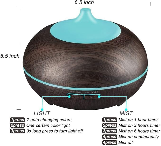 550ml Large Capacity Essential Oil Diffuser with 6 Essential Oil Set, Aromatherapy Ultrasonic Air Humidifier with Timer Setting, 7 Color LED Night Light and Waterless Auto-Off Functions for Home, Spa - Image 2