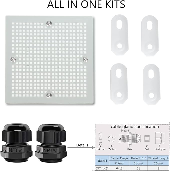 Junction Box, Hinged Clear Cover IP67 Waterproof ABS Project Box with 2 NPT 1/2" Cable Gland, Electrical Box Enclosure with Mounting Plate & Wall Bracket 5.9 x 5.9 x 3.5inch(150x150x90mm) - Image 6
