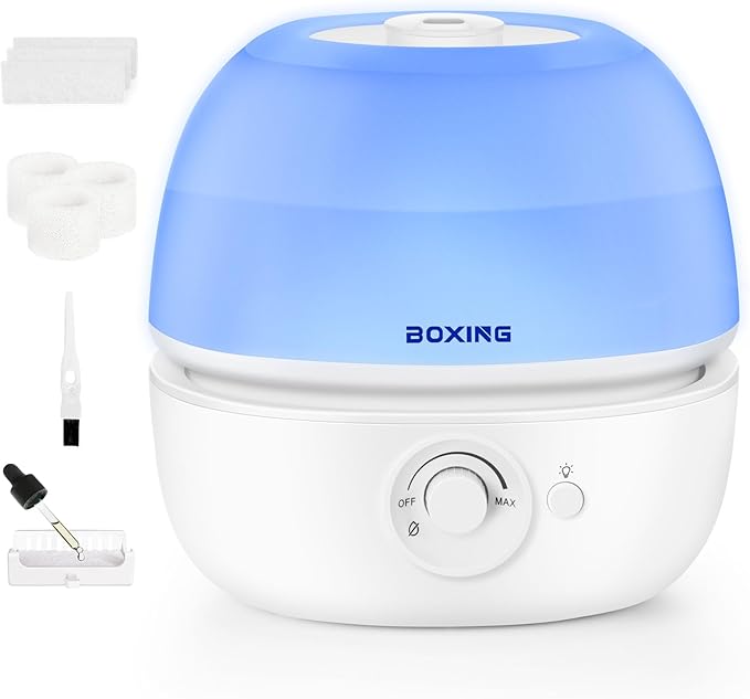 BOXING 3L Cool Mist Humidifier, Ultra Quiet 20dB for Bedroom, Baby & Office, Top Fill Air Humidifier for Home Office & Indoor Plants, 30H Runtime, Essential Oil Tray, Night Light, BPA-Free, White by BOXING