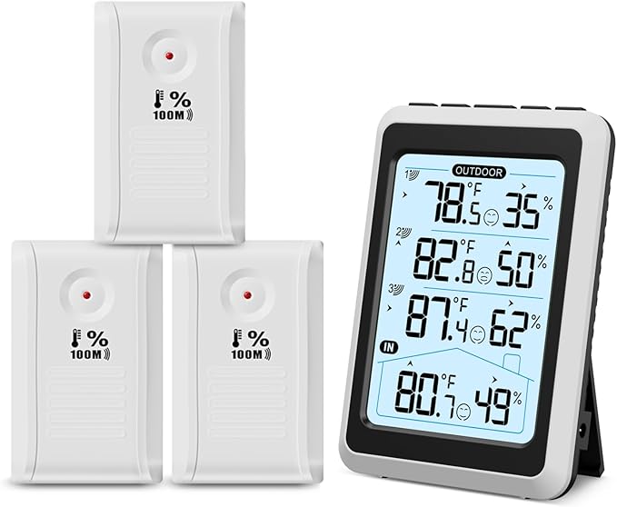 ORIA 3 Sensor Wireless Indoor Outdoor Thermometer Hygrometer, Digital Temperature Humidity Monitor with Backlit Display, Min/Max Records, Celsius/Fahrenheit Switch for Home, Garden, Greenhouse by Oria