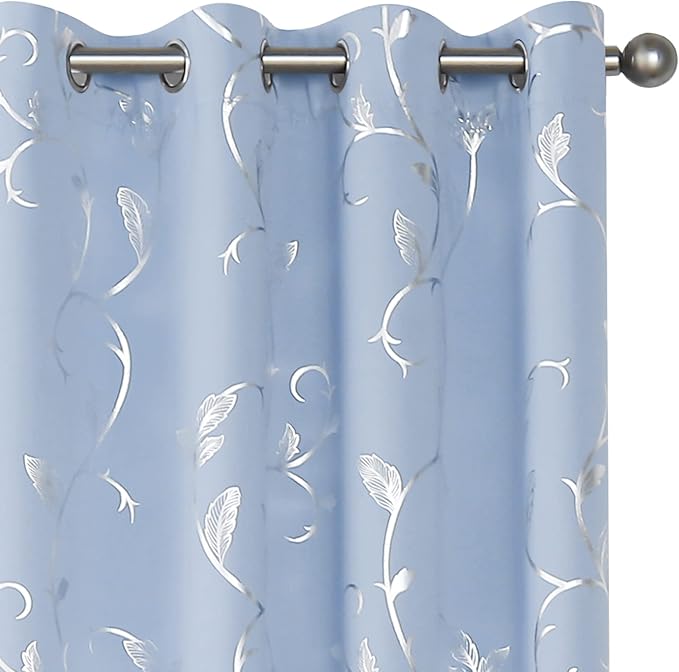 BUHUA Blue Blackout Curtain 2 Panel Set Silver Vine Foil Print Thermal Insulated Drapes Room Darkening Curtains Grommet Window Treatment, 52 x 96 Inch, Light Blue by BUHUA
