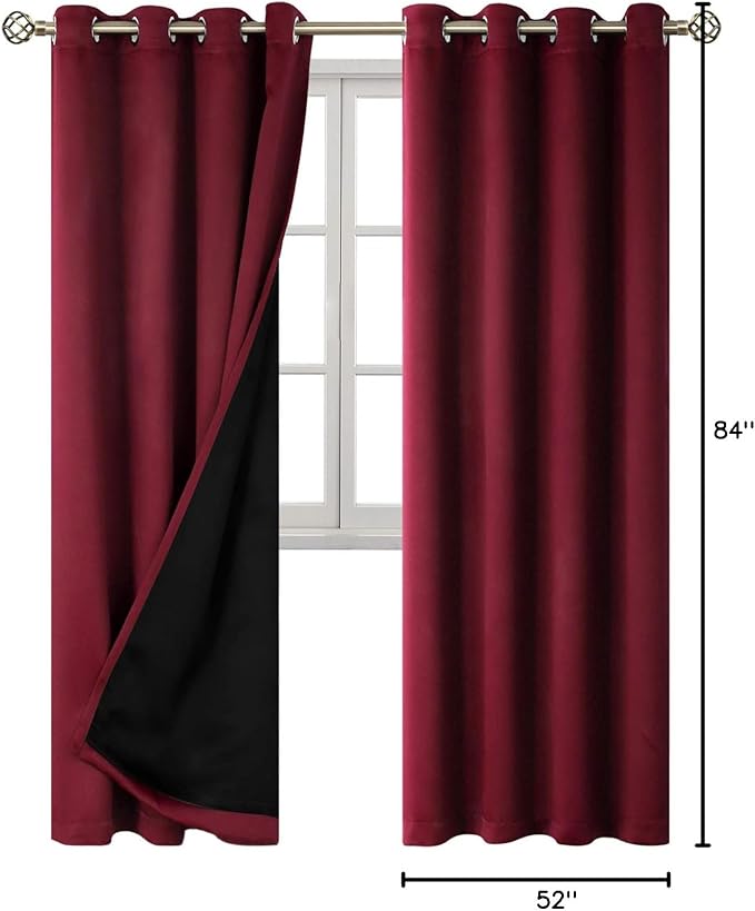 BGment Thermal Insulated 100% Blackout Curtains for Bedroom with Black Liner, Double Layer Full Room Darkening Noise Reducing Grommet Curtain (52 x 84 Inch, Burgundy Red, 2 Panels) - Image 9