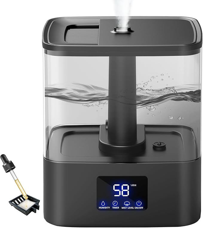 KZF 4L Top Fill Humidifiers for Bedroom & 60H Runtime - Cool Mist Humidifier, 3 Mist Levels, 8H Timer, Essential Oil Tray, Humidity Display, Quiet for Bedroom, Baby, Plants, Large Room (Black, 6L) by BreathePureLiveNaturally