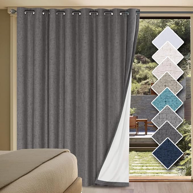 H.VERSAILTEX Linen Blackout Curtains Durable Thick Textured Linen Look 100% Blackout Patio Door Curtain Anti Rust Grommet Extra Wide Sliding Door Curtain Panel, W100 x L108 inch - Grey by HVERSAILTEX