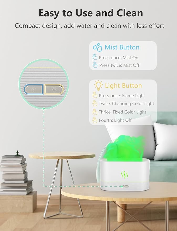 Essential Oil Diffuser, Air Humidifier with Flame Led Light - 7 Colors, 180mL Capacity (8 Hours), Noiseless Operation, Auto-Off Protection - Perfect for Home Bedroom Office Gifts(Black) - Image 6