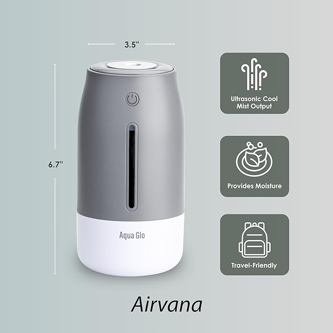 Aqua Glo Personal, Portable Humidifiers for Bedroom – Ultrasonic Cool Mist Humidifier with Built In Rechargeable Battery. Air Humidifier for Baby, Plants, Home, Office, Travel. Gray - Image 2