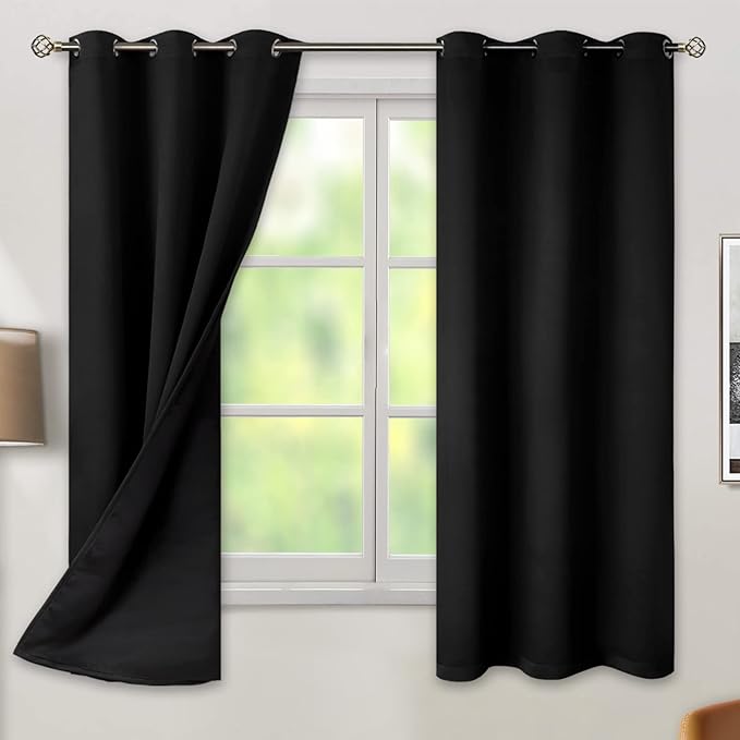 BGment Thermal Insulated 100% Blackout Curtains for Bedroom with Black Liner, Double Layer Full Room Darkening Noise Reducing Grommet Curtain (38 x 63 Inch, Black, 2 Panels) by BGment