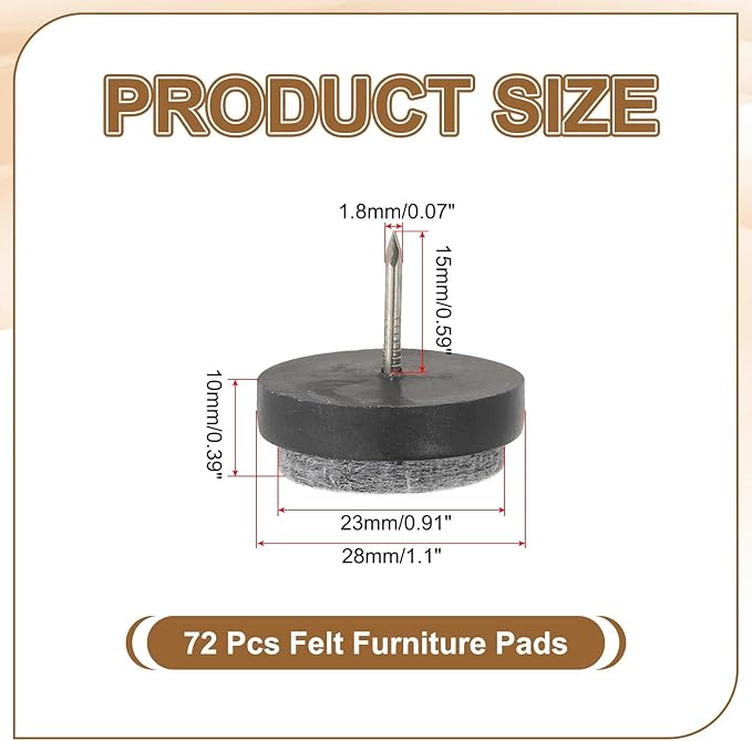 PATIKIL 28 mm Nail-on Felt Pads, 72 Pcs Round Felt Furniture Sliders Pads Heavy Duty Floor Protectors for Wooden Chair Sofa Cabinet Table Leg Feet Hardwood Floors, Black - Image 2