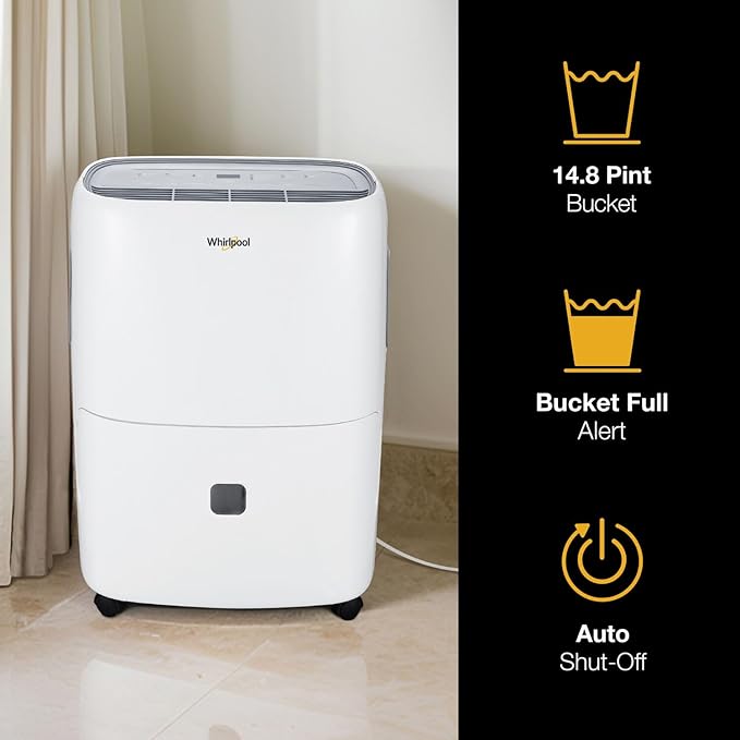 Whirlpool 50-Pint Portable Dehumidifier for Basement, Garage, and Living Room, 115V, Dehumidifier for Rooms up to 4500 Sq. Ft. with Energy Star Certification, Auto-Shutoff, and Timer in White - Image 5