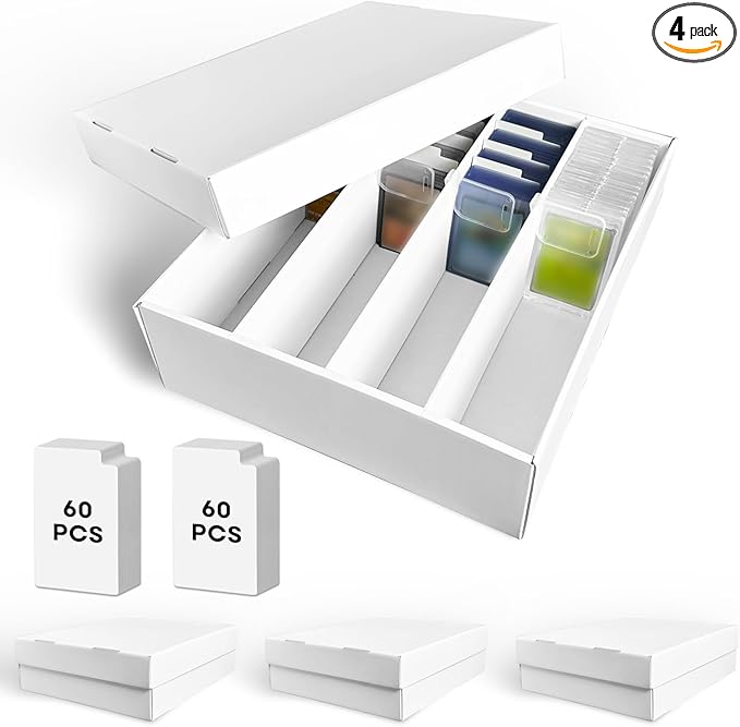 4-Pack Trading Card Storage Box, 3200 Count Cardboard 4 Row Card Box for MTG TCG Baseball Sports Cards Collection, Top loader Storage Boxes, includes Card Dividers & Stoppers by Fageverld