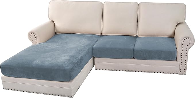 H.VERSAILTEX Velvet Stretch Sectional Couch Covers 3 Pieces Sofa Seat Cushion Covers L Shape Separate Cushion Couch Chaise Cover for Both Left/Right Couch (Large Sofa 2 Seater + 1 Chaise, Stone Blue) by HVERSAILTEX