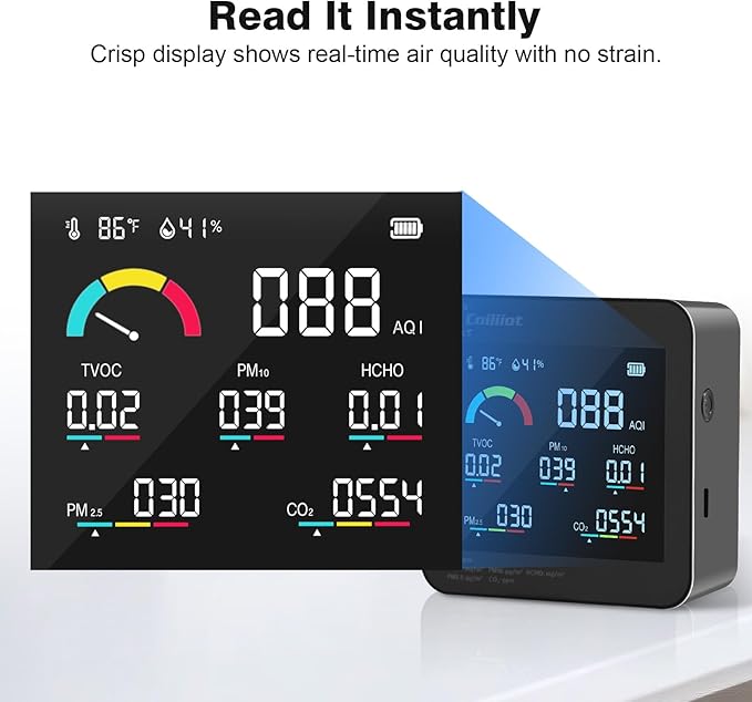 Air Quality Monitor Indoor – CO2 Detector, VOC Meter and AQI Tester Tracks TVOC, HCHO, PM2.5 & PM10 with Temperature & Humidity Sensor for Home Office (Black) - Image 4