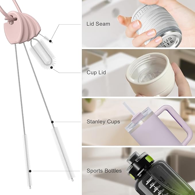YOTIME Standing Straw Cleaner Brush Set, 4in1 Reusable Straw Brushes with Holder Ring, for Wide and Narrow Straws, Tumblers, Water Bottles and Cups, Pink - Image 5