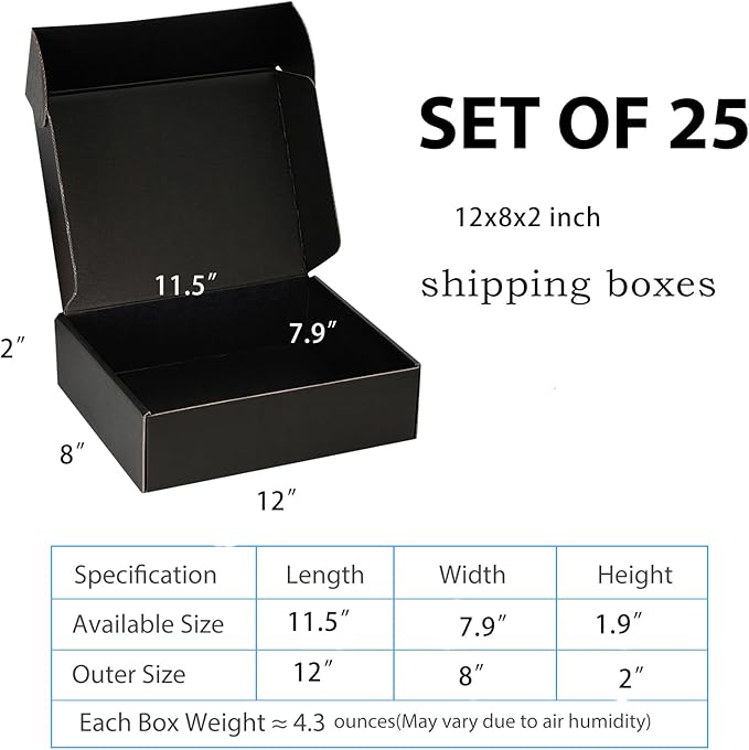 Small Shipping Boxes 12x8x2 Inch (25 Pack) - Sturdy Black Corrugated Cardboard Boxes for Small Business, Ecommerce, Mailing & Packaging | Recyclable Gift & Storage Boxes - Image 2