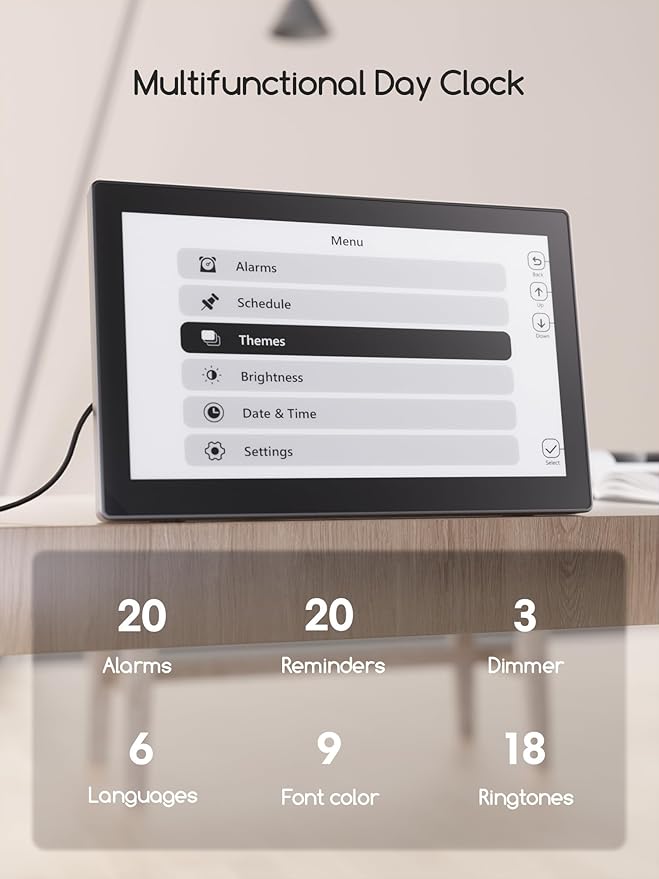 Raynic Digital Clock, Large Display Calendar Clock with 12 Themes, 20 Alarms, 20 Reminders, Auto Dimming, 12/24 Hours, Indoor Temperature, Humidity for Seniors, Desk - Image 2