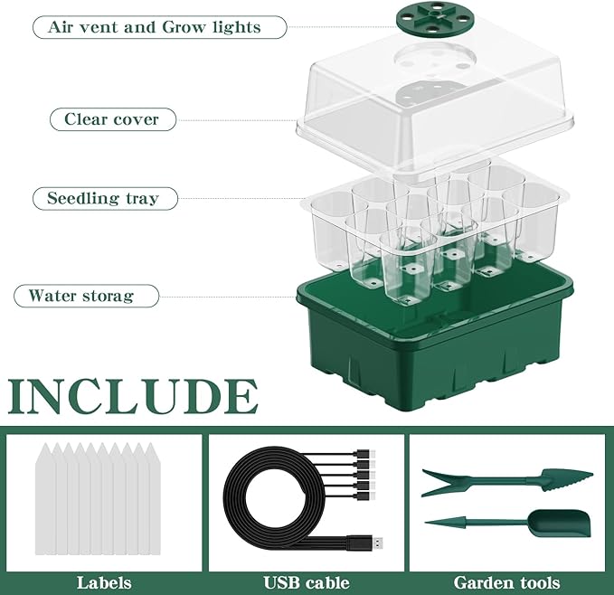 NBPLUS Seed Starter Tray with Grow Light, 5 Pack 60 Cells Seed Starter kit with Humidity Dome and Base, Plant Seedling Trays Indoor Greenhouse Gardening (Green 5 Pack) - Image 8