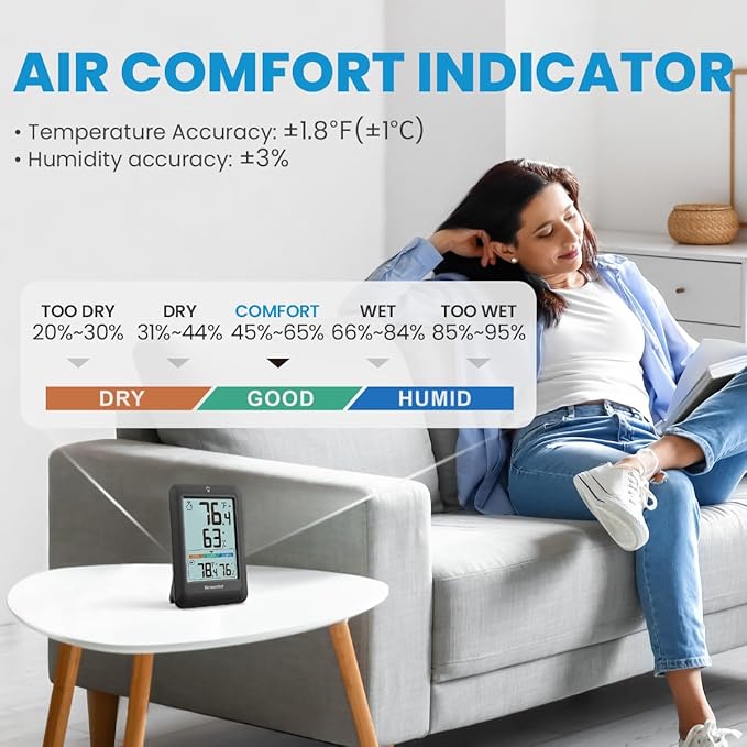 Newentor Indoor Outdoor Thermometer Wireless, Weather Stations Wireless Indoor Outdoor, Outdoor Thermometers for Patio House, Outside Inside Thermometers with Comfort Indicator, Black with 1 Sensor - Image 6