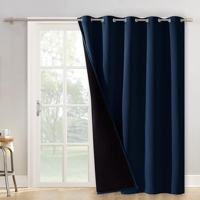 NICETOWN 100% Blackout Cold Blocking Patio Sliding Door Curtain, Wide Lined Drape, Keep Warm Drapery, Sliding Glass Door Panel for Night Shift（Navy Blue, 1 Panel, 62 inches Wide x 84 inches Long by NICETOWN