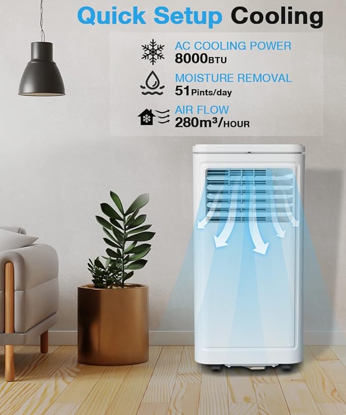 Joy Pebble Portable Air Conditioner, 8000 BTU for Room up to 350 sq. ft, Portable AC with Dehumidifier & Fan, 2 Fan Speeds, 24H Timer, Remote Control, Energy Efficiency - Image 3
