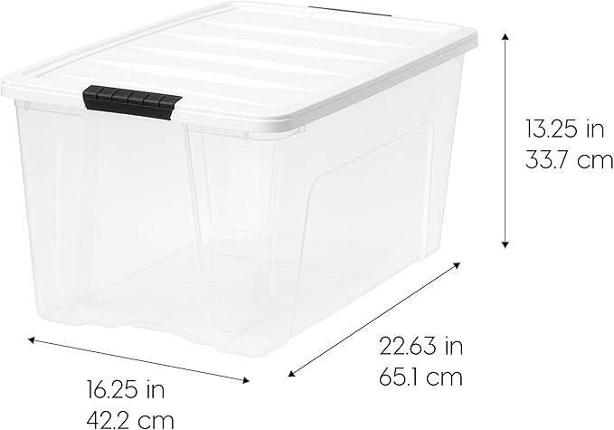 IRIS USA 72 Qt Stackable Plastic Storage Bins with Lids, 4 Pack - BPA-Free, Made in USA - See-Through Organizing Solution, Latches, Durable Nestable Containers, Secure Pull Handle - Clear/White - Image 2