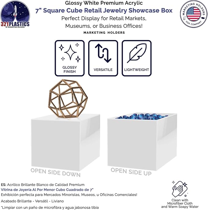 4 Pack 7 Inch White Acrylic Display Box Versatile Square Plexiglass Retail Product Storage Bin or Merchandise Riser with One Open Side No Assembly by Marketing Holders - Image 4