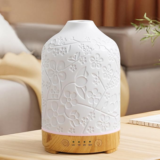 Aromatherapy Essential Oil Diffuser 150ml Ceramic Ultrasonic Aroma Oil Diffuser Humidifier Whisper Quiet Timer Setting 7 LED Colors Changing Lights for Home Office (Cherry Blossom) by EQUSUPRO