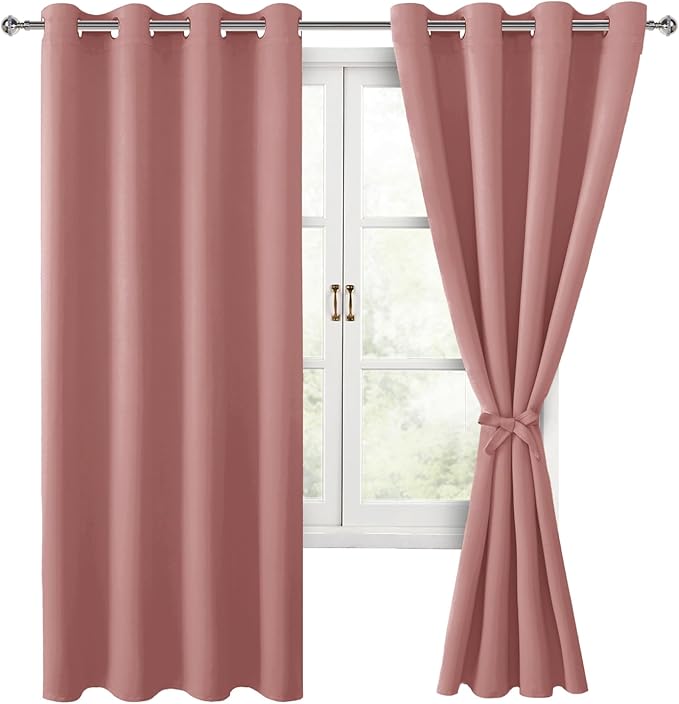 Hiasan Blackout Curtains for Bedroom, 52 x 63 Inches Length - Thermal Insulated & Energy Saving Window Curtains for Living Room, 2 Drape Panels Sewn with Tiebacks, Dusty Rose by Hiasan