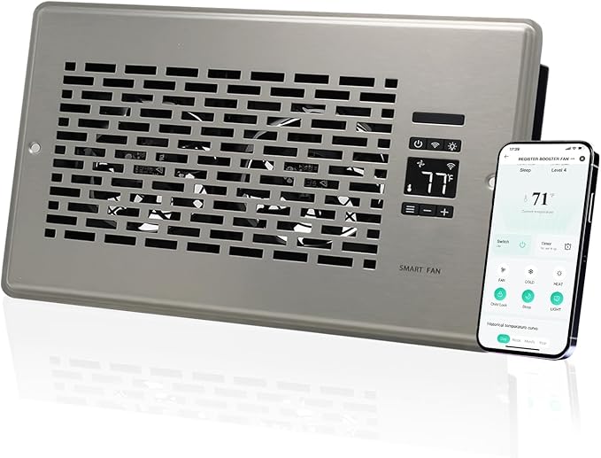 Register Booster Fan for 6" x 10" Register Holes, Quiet Vent Fan Booster with Intelligent Thermostat, Improves Heating Cooling, App Control, 10-Speeds, Manhattan Smart Register Vent, SN by SANYCASA