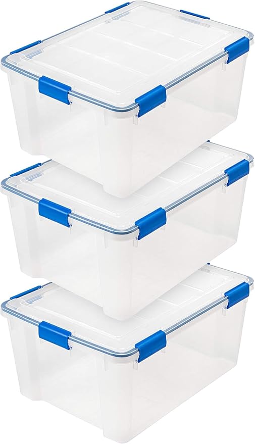 IRIS USA 60 Quart WEATHERPRO Plastic Storage Box with Durable Lid and Seal and Secure Latching Buckles, 3 Pack, Weathertight, Keep Pest Dust and Moisture Out, for Oversized Bulky Items, Clear/Blue by IRISUSA