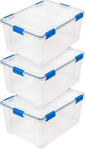 IRIS USA 60 Quart WEATHERPRO Plastic Storage Box with Durable Lid and Seal and Secure Latching Buckles, 3 Pack, Weathertight, Keep Pest Dust and Moisture Out, for Oversized Bulky Items, Clear/Blue by IRISUSA