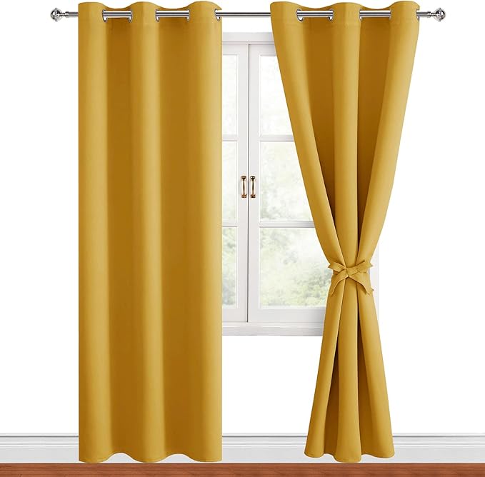 Hiasan Blackout Curtains for Bedroom, 42 x 84 Inches Long - Thermal Insulated & Light Blocking Window Curtains for Living Room, 2 Drape Panels Sewn with Tiebacks, Mustard Yellow by Hiasan