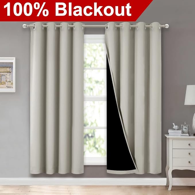 NICETOWN 100% Blackout Window Curtain Panels, Full Light Blocking Drapes with Black Liner for Nursery, 72-inch Drop Thermal Insulated Draperies (Natural, 2 Pieces, 52-inch Wide Per Panel) - Image 2