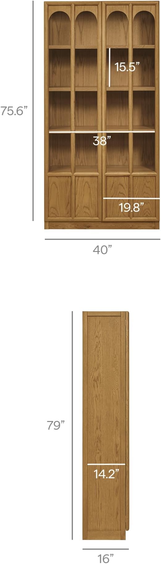 Modway Anwen 79" Wood Display Cabinet with Glass Doors in Oak – Modern China Cabinet with Arched Door Detail – Large Curio Cabinet for Collectibles - Image 3