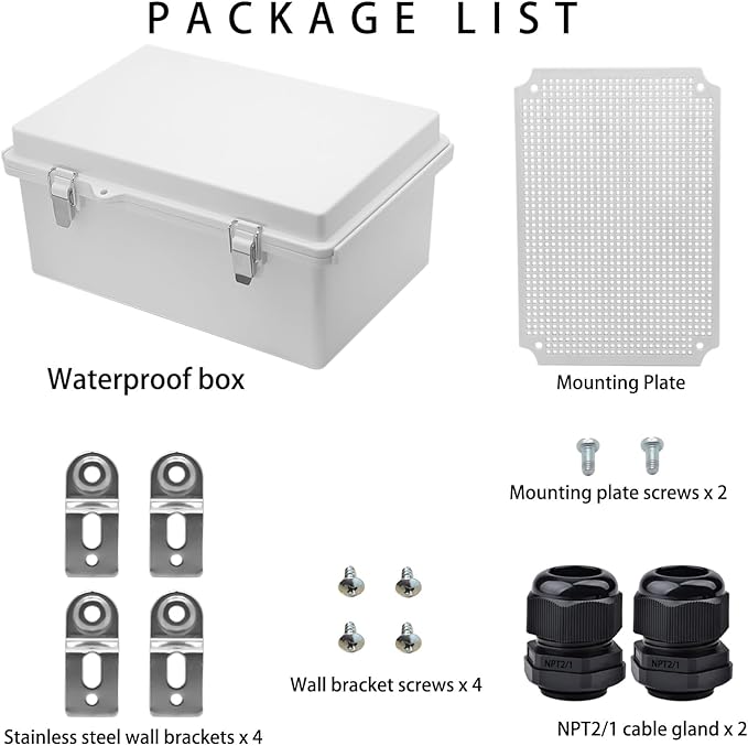 Waterproof Electrical Box,IP67 Junction Box Hinged Grey Cover ABS Project Boxes for Electronics DIY Enclosure with Mounting Plate Wall Bracket and 2 Cable Glands 13.8" x 9.8" x 5.9" - Image 4