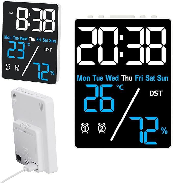 Digital Room Thermometer Hygrometer Alarm Clock, 5.9 inch Desktop Accurate Humidity Temperature Monitor Meter for Indoor Outdoor Kitchen Office Bedroom Livingroom (Battery Not Included) by Kytree