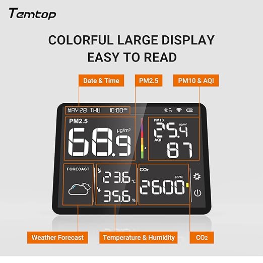 Temtop M100 Air Quality Monitor Indoor, 8-in-1 Smart Air Quality Weather Station with PM2.5 PM10 CO2 Temperature Humidity Sensor Weather Forecast for Home - Image 4