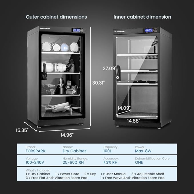 FORSPARK 100L Large Camera Dehumidifier Dry Cabinet, Quiet Humidity Control Storage with Lock & 3 Adjustable Shelves for DSLR, Lenses, Drones, Electronics - 8W Energy Efficient, Black - Image 8