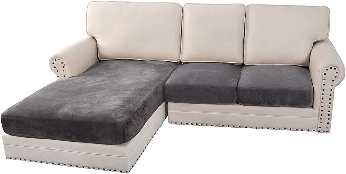 H.VERSAILTEX Velvet Stretch Sectional Couch Covers 3 Pieces Sofa Seat Cushion Covers L Shape Separate Cushion Couch Cover for Both Left/Right Sectional Couch (Large Sofa 2 Seater + 1 Chaise, Grey) by HVERSAILTEX