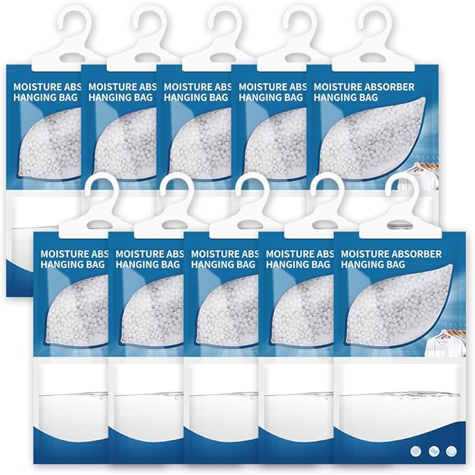 Hanging High-Purity Moisture Absorber, 10 Pack with Activated Carbon, eliminates Musty Odors During humid Summers, Ideal for Drawers and wardrobes,15% Greater Moisture Absorption. (169 oz) by Adjustablebedframe