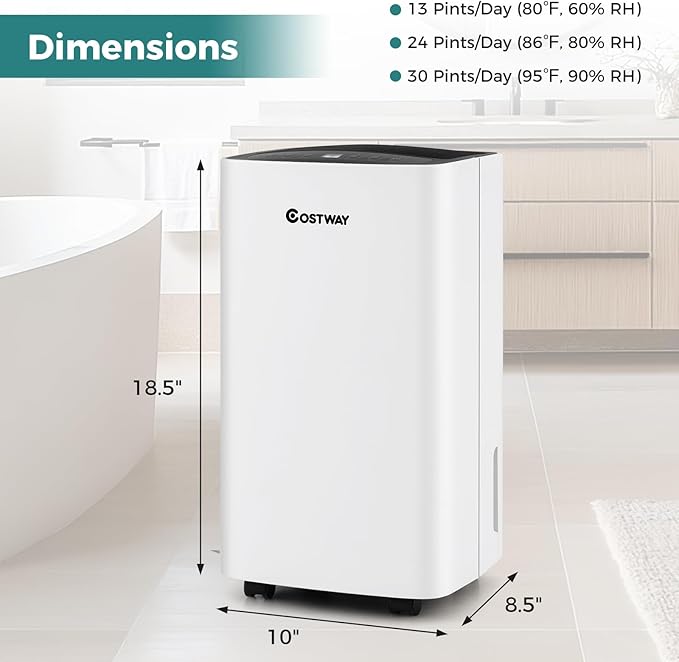 COSTWAY Dehumidifier for Large Room and Basements, Portable 30 Pints Dehumidifier with 3 Modes, 2 Speeds, Low Noise, 24H Timer, Auto or Manual Drainage - Image 9