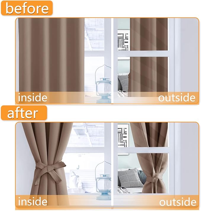 Hiasan Short Blackout Curtains for Bedroom - Thermal Insulated & Light Blocking Window Curtains for Living Room, 2 Drape Panels Sewn with Tiebacks, Cappuccino, 42 x 45 Inch - Image 5