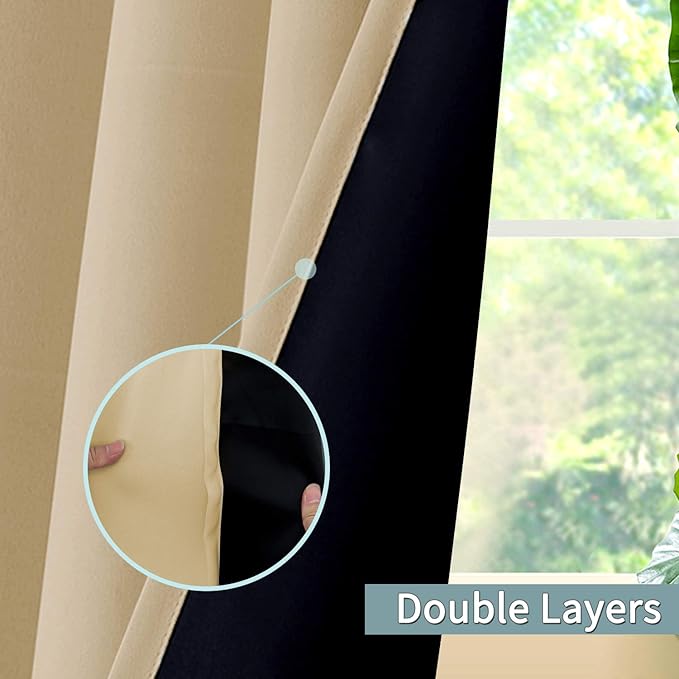 BGment Thermal Insulated 100% Blackout Curtains for Bedroom with Black Liner, Double Layer Full Room Darkening Noise Reducing Grommet Curtain (52 x 72 Inch, Beige, 2 Panels) - Image 2