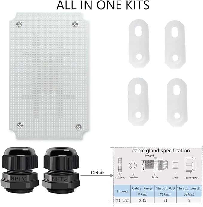 Junction Box, Hinged Clear Cover IP67 Waterproof ABS Project Box with 2 NPT 1/2" Cable Gland, Electrical Box Enclosure with Mounting Plate & Wall Bracket 11.4 x 7.5 x 5.5inch(290x190x140mm) - Image 6