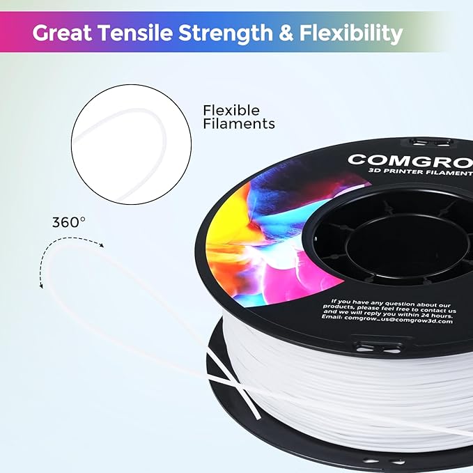 Comgrow TPU Filament 1.75, 3D Printing Filament, Flexible, 95A Soft, 1kg (2.2lbs), White, +/- 0.02mm Accuracy, 1.75mm Diameter, 2.2lbs Display Weight - Image 4