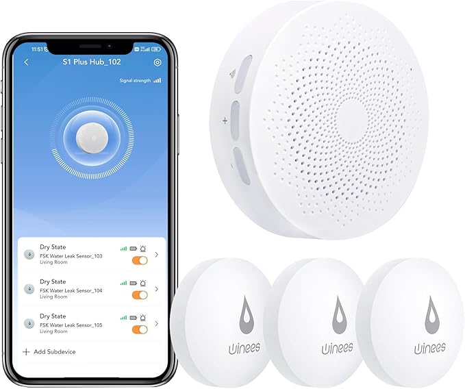 Winees WiFi Water Detector, 3 Pack Water Sensors with Leak Alert Email&SMS Notification, 100dB Adjustable Alarm, 100M Transmission for Basement, Bathroom, Laundry, IFTTT by WINEES