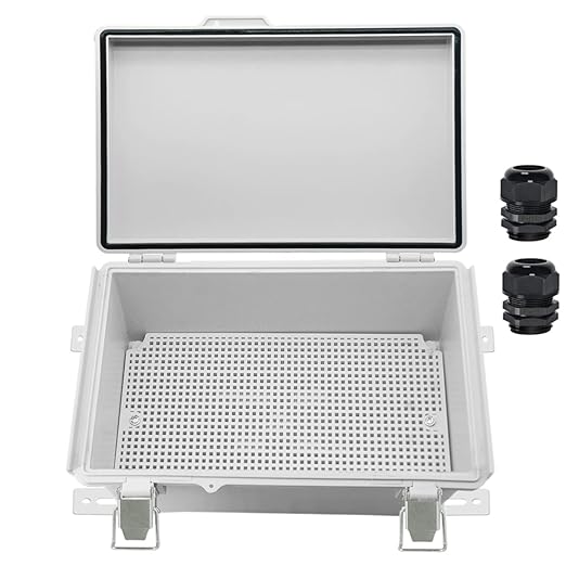 Zulkit Junction Box,IP67 Waterproof Electrical Box Hinged Cover Stainless Steel Buckle Plastic Enclosure for Project w Mounting Plate Wall Bracket and 2 Cable Gland Grey 10.2 x 6.3 x 3.9 Inch by Zulkit